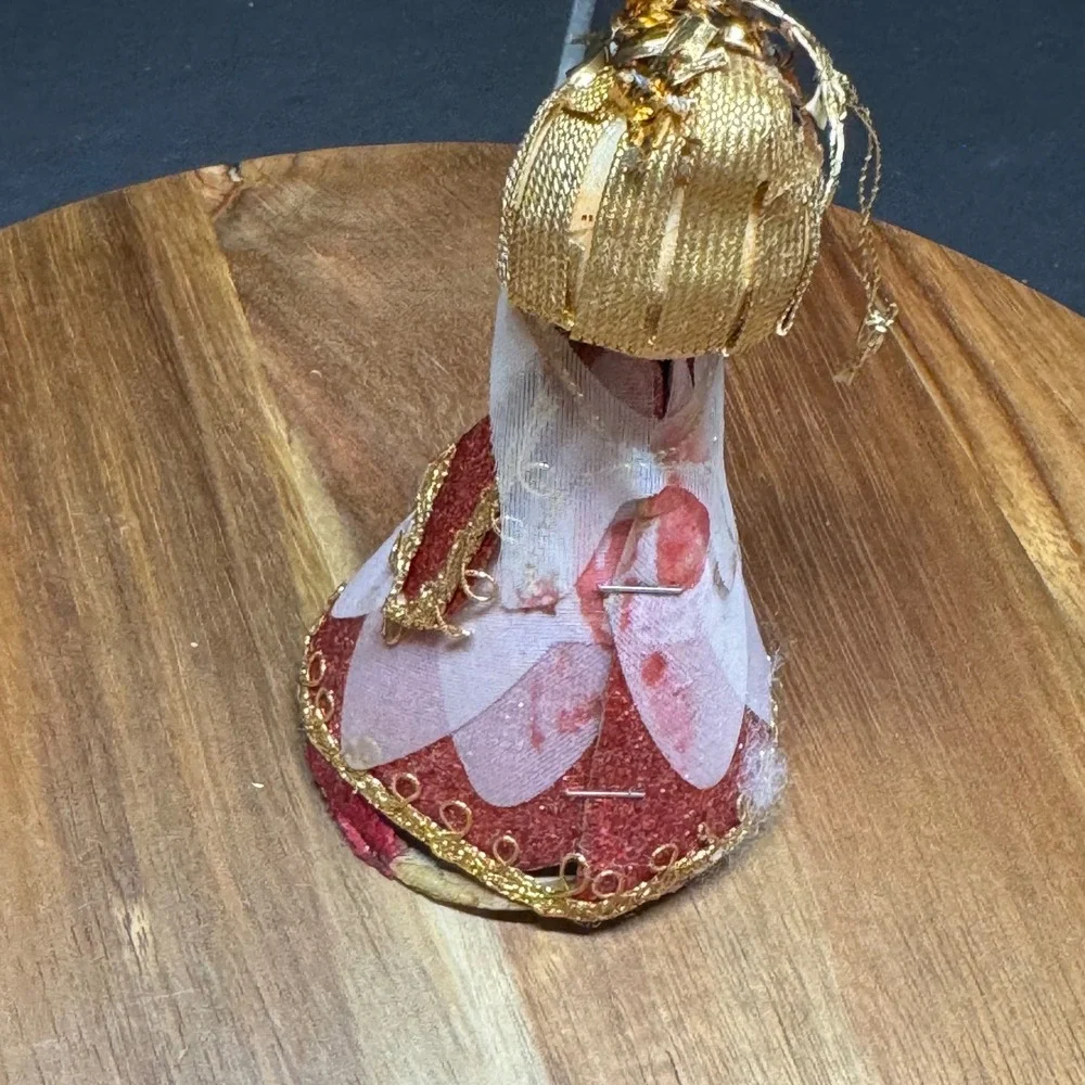 Vintage Angel Christmas Ornament Red Gold Glitter Japan Mid Century 4.5
